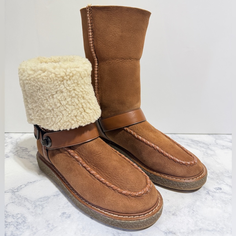 COACH Moto Shearling fur brown Boots Harness Suede Ankle moccasin Booties size 5